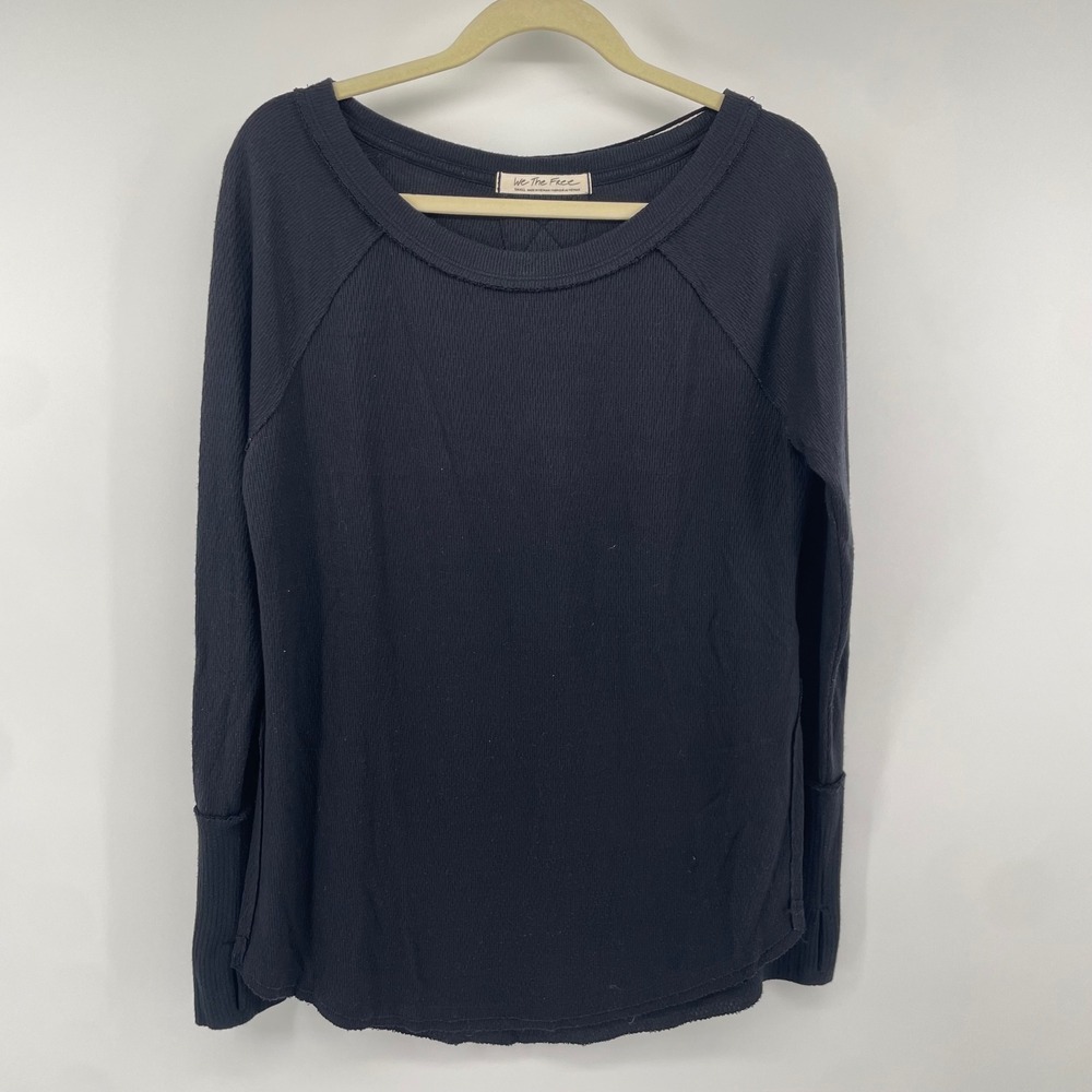 Free People We The Free Thermal Women S Black Waffle Knit Thumbhole Split Back